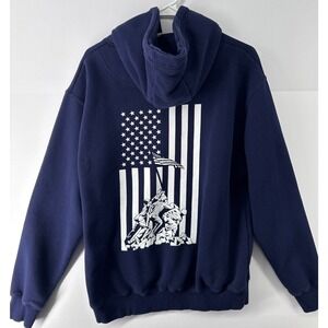 JustHoods Mens Navy Blue Iwo Jima American Flag Graphic Hoodie Size M